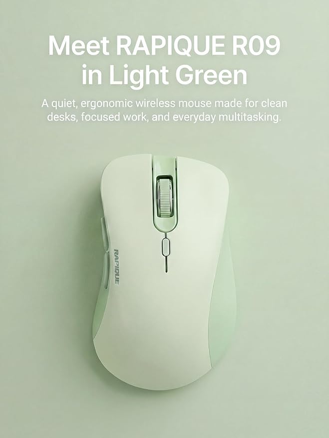 RAPIQUE Bluetooth Wireless Mouse, Dual Bluetooth & 2.4GHz, Sage Green | Right-Hand Ergonomic Grip, Quiet Clicks, Low Power, 3-device Switching, 6-button USB receiver for MacBook, Laptop, Computer
