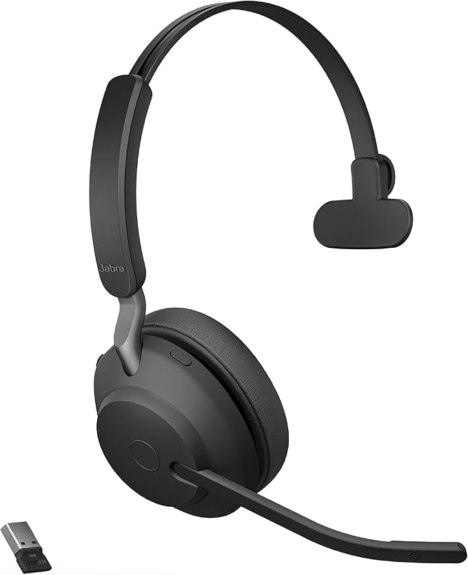 Jabra Evolve2 65 UC Wireless Headset with Link380a, Mono, Black – Wireless Bluetooth Headset for Calls and Music, 37 Hours of Battery Life, Passive Noise Cancelling Headphones