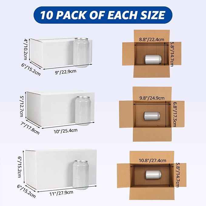 CRUGLA Assorted Sizes Shipping Boxes 30 Pack (11x6x6, 10x7x5, 9x6x4), White Corrugated Cardboard Mailers, Each 10 PCS Small Boxes for Small Business Packaging, Shipping & Storage