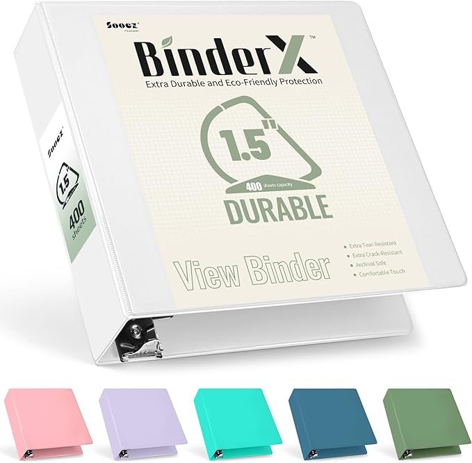Sooez BinderX Extra Durable 1.5 Inch 3 Ring Binder, D-Ring Large Binders, Holds 400 Sheets of 8.5x11 Paper, Customizable View Cover with Inside Pockets, Heavy Duty 3 Ring Binder for School, White