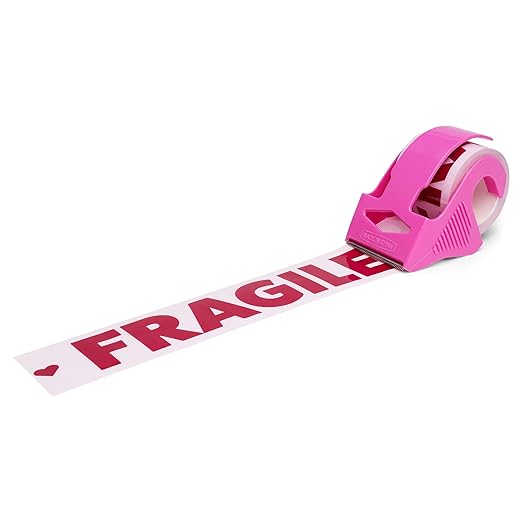 Fragile Packing Tape with Pink Dispenser – Pink & Burgundy Heart Design, 1.88" x 22.2 Yards – Packaging Tape for Moving Boxes, Small Business, and Mailers