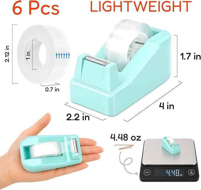 Lightweight Desktop Tape Dispenser, 6 Rolls Tape, 1" Core | Transparent Tape with Stable Non-Skid Base, 0.71" x 1000" Each, for Office, Home, School, Wrapping & Crafts