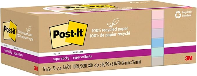 Post-it 100% Recycled Paper Super Sticky Notes, 3 in. x 3 in., 12 Pads, 70 Sheets per Pad, Wanderlust Pastels, School Supplies and Office Products (Pack of 12)