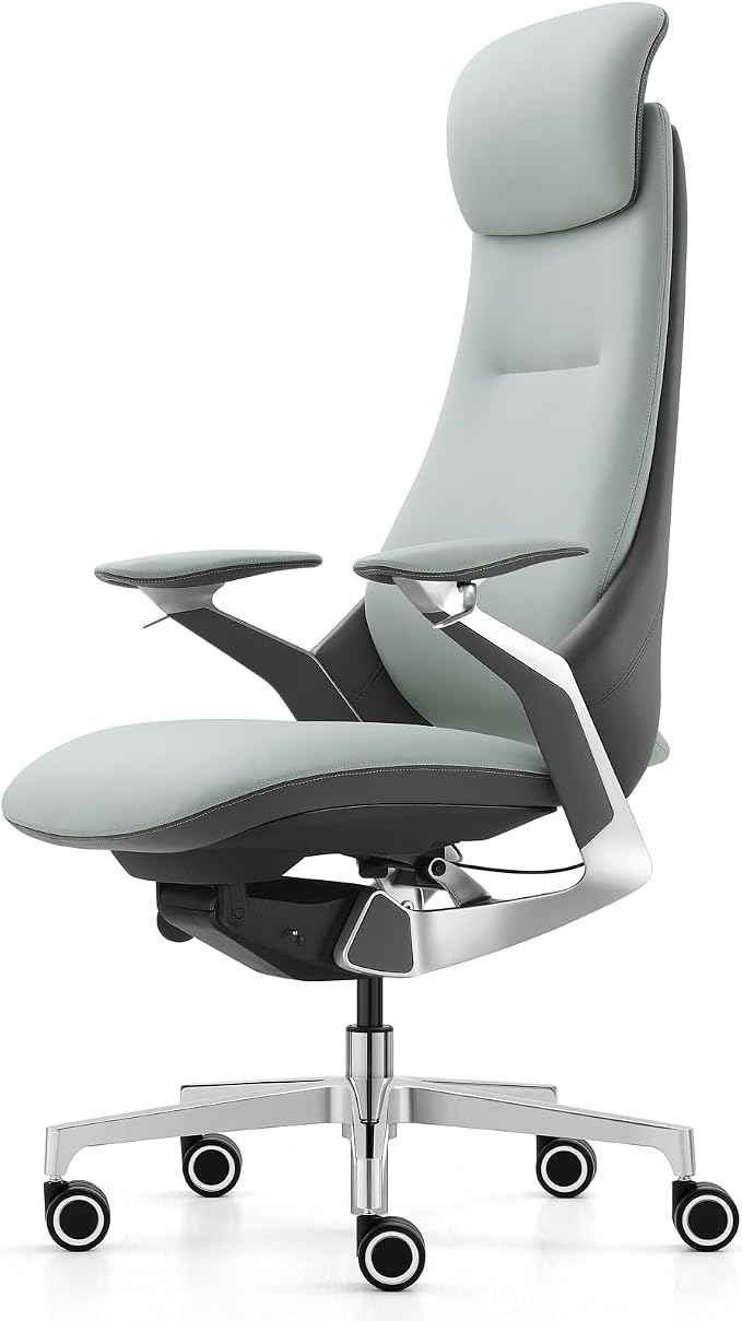 Genuine Leather Executive Office Chair，Top-Grain Cowhide, Ergonomic Design | Adjustable seat and headrest heights, 3-position recline (lockable)—suitable for home offices and high-end office settings.