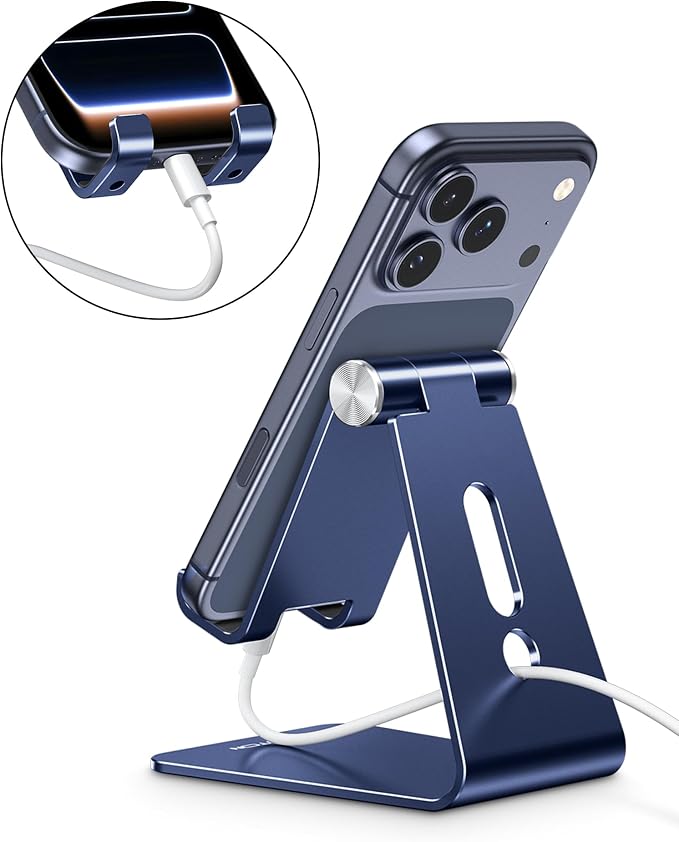 OMOTON C2 Adjustable Cell Phone Stand with Charging Cutout, Navy Blue | Sturdy 3mm Aluminum, Charging Port, 270° Adjustable, Non-Slip Silicone Pads, Works with Thick Cases, for All Smartphones