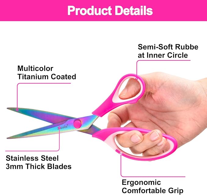 Zicolu Craft Scissors Set of 3 pack, Sharp Rainbow Titanium Coating All Purpose Scissors, Ergonomic Semi-Soft Rubber Grip, Suitable for School, Office and Household Use, Pink, 8.5''/6.5''/5.5"
