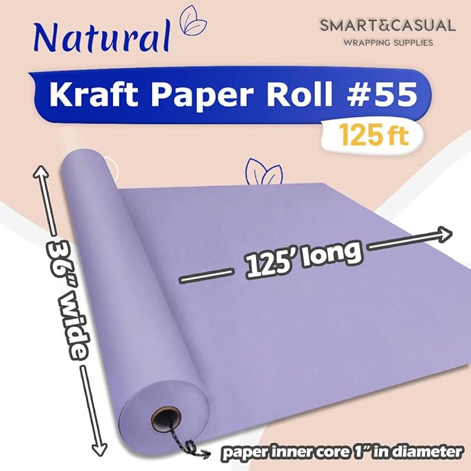 SMART&CASUAL 36" x 1,500" (125') Light Purple Kraft Craft Paper Roll for Gift Wrapping Bulletin Board Bouquet Flower Kids Art Packing Parcel Table Covering 80GSM 55LB (Light Purple, 36" x 125')