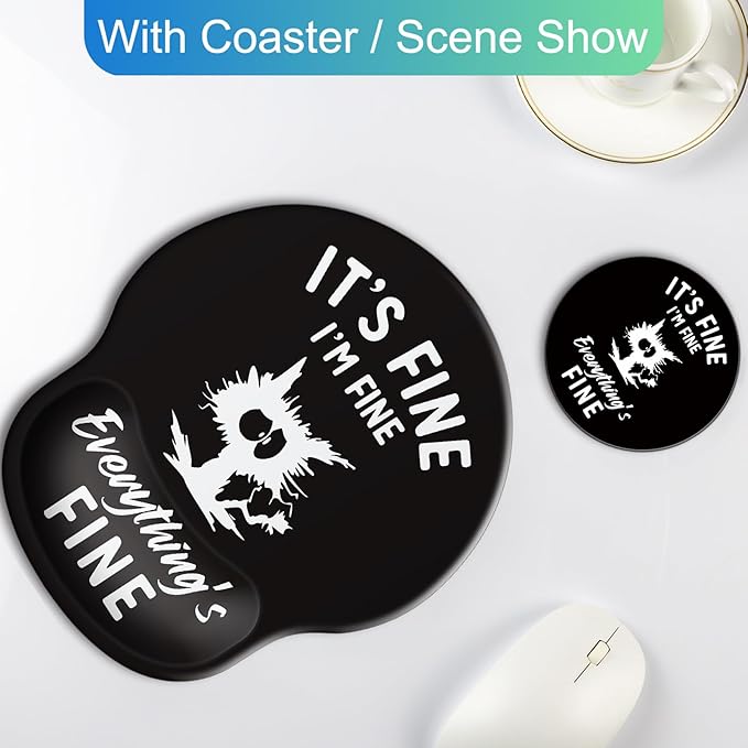 Ergonomic Mouse Pad with Wrist Support Rest,Large Mousepad Gel Wrist Rest, with Coaster Non-Slip & Pain Relief for Computer, Desk, Home&Office-It's Fine Cat
