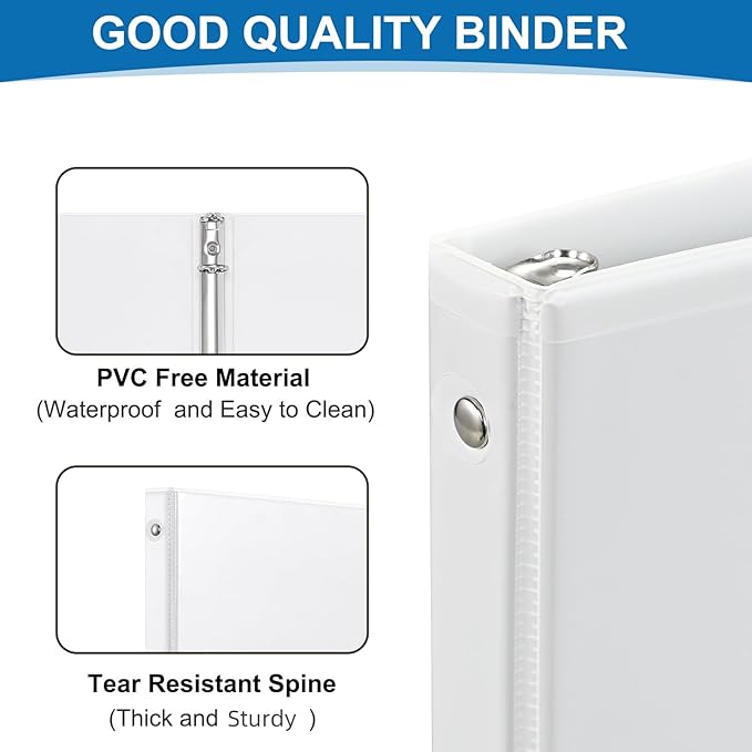 Durable 1-inch 3-Ring Binder, 1 Inch Round Ring Binder with 2 Inside Pockets, 8 Pack White Binder, Clear View Cover Binder Holds 8.5'' x 11''Paper for Office/Home/Back to School