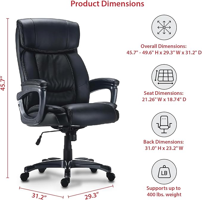 STAPLES Lockland Ergonomic Managers Office Chair, Big & Tall Cushioned, Adjustable Height, Metal Frame, Bonded Leather, for Workspace, Home, or Gaming, Black