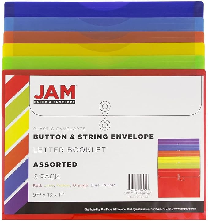 JAM PAPER Plastic Envelopes with Button & String Tie Closure - Letter Booklet - 9 3/4 x 13 - Assorted Primary Colors - 6/Pack