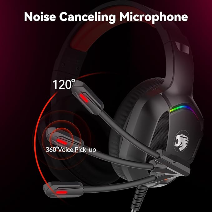 Gaming Headset with Microphone for Pc, Xbox One Series X/s, Ps4, Ps5, Switch, Stereo Wired Noise Cancelling Over-Ear Headphones with Mic, RGB, for Computer, Laptop, Mac, Nintendo (Red)