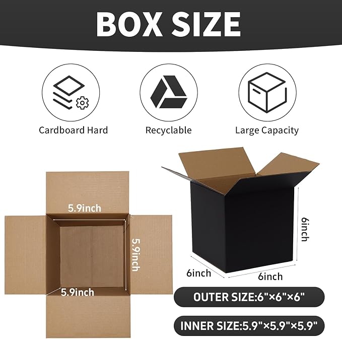 6x6x6 Inch Small Shipping Boxes 30 Pack, Black Corrugated Cardboard Box, Mailing Packaging Boxes for Small Business