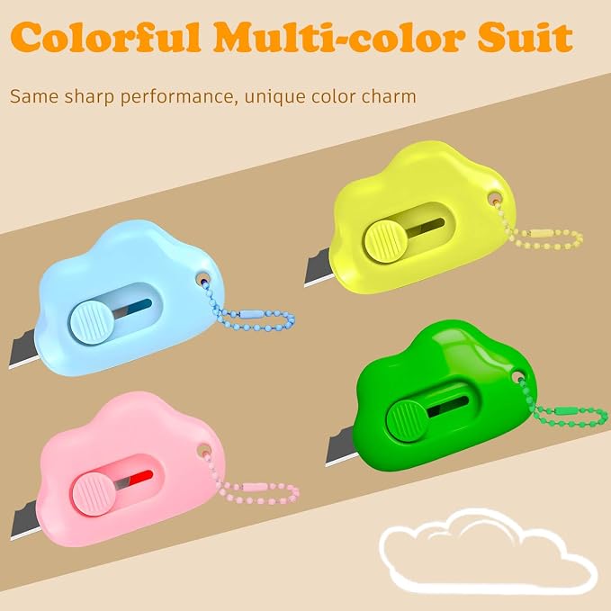 4-Pack Cloud Retractable Box Cutters with Key Rings | Mini letter openers with retracting stainless steel blades; ABS bodies; four colors; for packages, envelopes, and tape