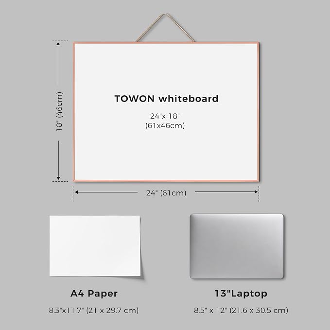 TOWON Magnetic Dry Erase Board 24x18 in, Narrow Aluminum Frame, Rose Gold | Wall mounted or hanging white board for home office, apartment and dorm decor, mounting hardware and rope