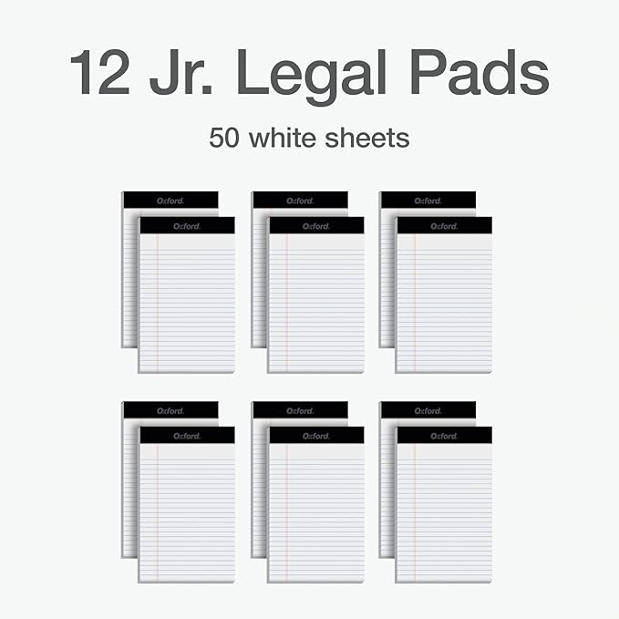 Oxford Legal Pads, 12 Pack, Note Pads, 50 Legal Ruled 5" x 8" Sheets, Bright White Paper with Firm Back, Small Portable Notepads, Proudly Made in the USA