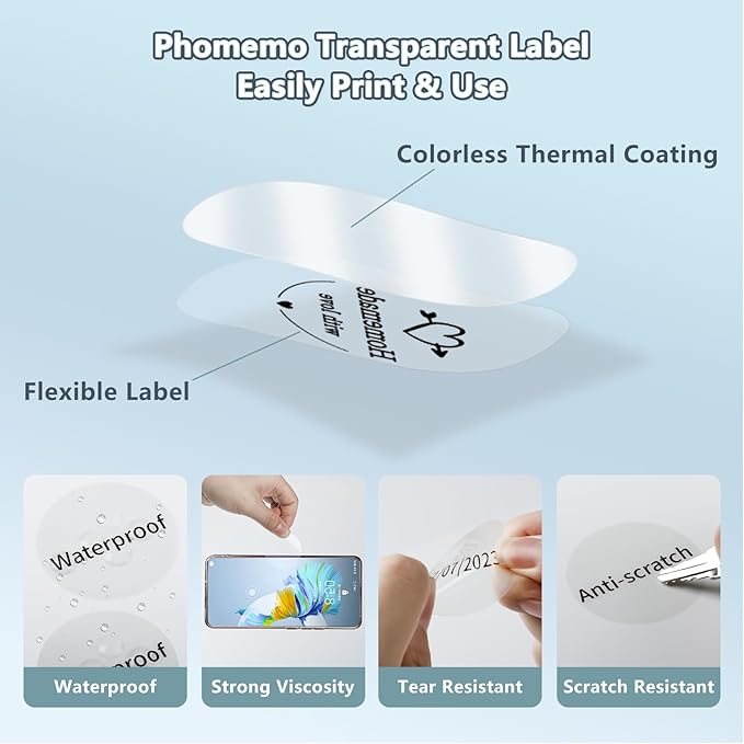 Phomemo Transparent Thermal Labels, Round, Self-Adhesive, 1.57"x1.57" (40x40mm), Clear, 180 Labels/Roll
