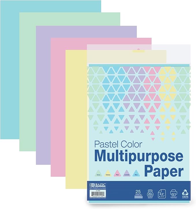 BAZIC Products Blank Paper Copy & Multipurpose Paper - 8.5" x 11" Pastel Color Printer Paper for Inkjet, Laser, and Fax Machines, Ideal for Office, School, and Crafts, 25 Sheets/Pack, 24-Packs