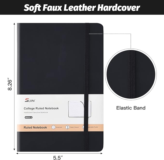 Hardcover-Journal-Notebooks, A5 Lined Journals Notebook for Writing 200 Pages, 8.2 x 5.5 inch, Classic Ruled Notebooks for Work/Travel/College (Black - 6 Pack)