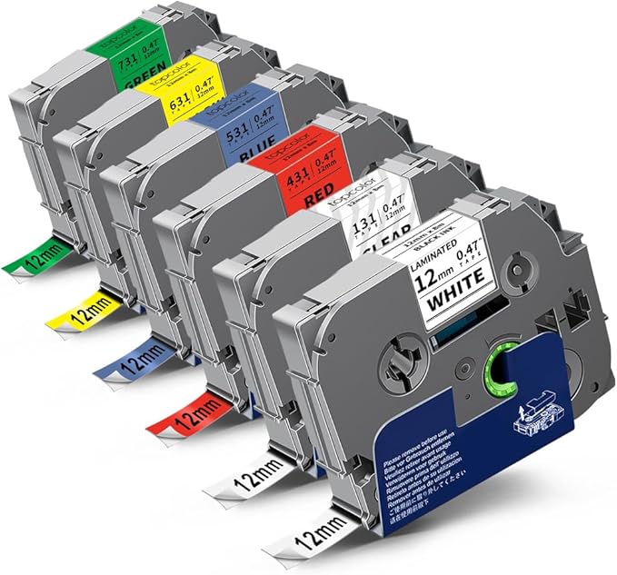 6-Pack Compatible for Brother Label Maker Tape 12mm 0.47" Multi Color | P Touch Tze Tz 12mm 0.47" Laminated Colored Tape Tze 231 131 431 531 631 731 1/2" Inch for PT-D220 PT-D210 PT1750 PTD400