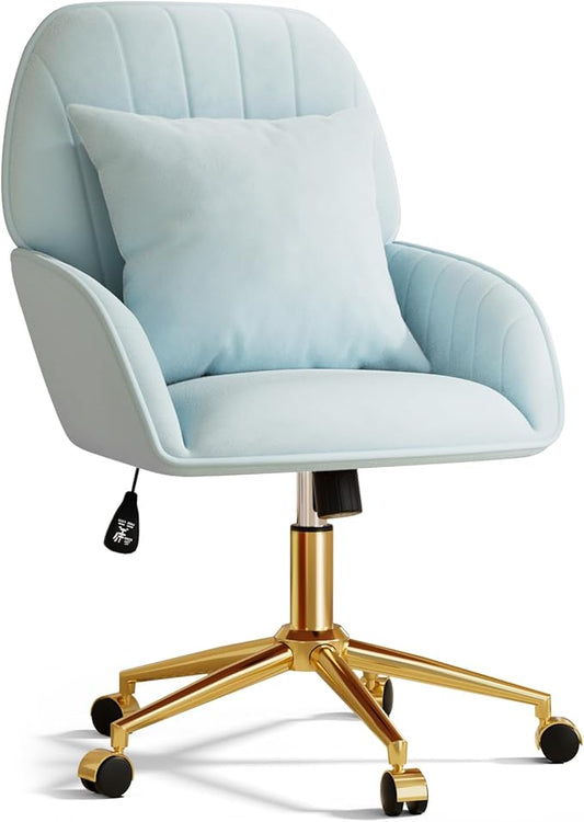 Home Office Desk Chair Comfy with Adjustable Swivel Wheels, Modern Velvet Makeup Vanity Chair with Back & Pillow, Ergonomic Office Chair Computer Task Chair for Living Room, Bedroom, Blue