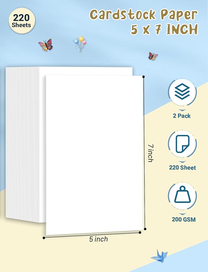 220 Sheets 5x7 Cardstock Paper, White Cardstock Printer Paper 5x7, 200 GSM Card Stock, Printable Cardstock 5 x 7 for DIY Crafts, Greeting Cards, Wedding Invitations