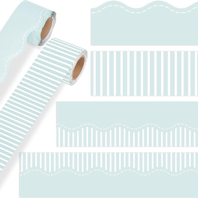 2 Rolls 65.6ft Pastel Green Striped Bulletin Board Borders Decoration Scalloped and Straight Edge Blue Bulletin Borders Board Trim for Office School Classroom Chalkboard Party Decoration