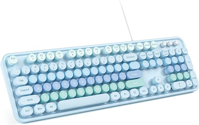 Computer Keyboard Wired, Plug and Play USB Retro Round Typewriter Keyboard, Full Size Wired Keyboard with Foldable Stands for Laptop and Office PC