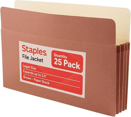 Staples Reinforced Expanding File Pockets, Legal Size, 3.5‑Inch Expansion, Heavy‑Duty Brown Accordion Folders – 25/Pack