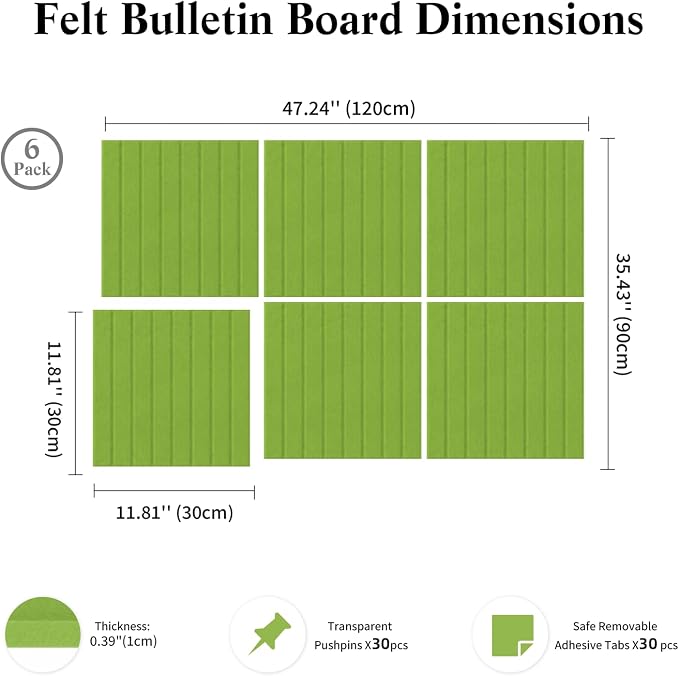 36" x24" Large Felt Bulletin Board, Bold-Stripe 6-Pack Cork Boards | Fabric Bulletin Board with 30 Adhesive Tabs, 30 Pushpins, Felt Wall Tiles for Office Push Pin Board Felt Board,Matcha Green | Fabric Bulletin Board with 30 Adhesive Tabs, 30 Pushpins,...