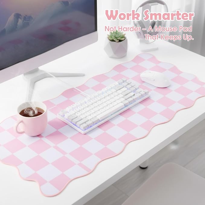 1 Pcs Pink Scalloped Checkered Desk Mat 31.5 x 11.8 Inch Large Cute Mouse Pad Computer Mat Non Slip Waterproof Rubber Base with Border Stitching Soft Keyboard Pad for Home Office Gaming Makeup