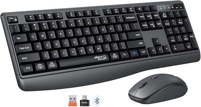 MEETION Wireless Keyboard Mouse Combo, Silent Full-Size Design, Black | Quiet keyboard with wireless optical mouse, adjustable DPI control, ideal for work, home use and multiple computer setups