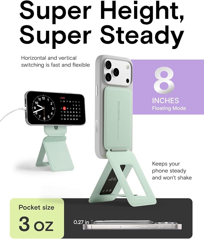 MOFT Phone Stand, Magnetic Phone Tripod Stand Stain-Resistant MOVAS Leather & Angle Adjustment & Strong Magnets Tripod for iPhone 17/16/15/14/13/12 (Included Metal Ring)-Peppermint