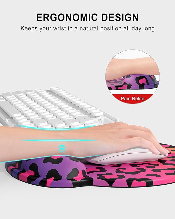 Auhoahsil Ergonomic Mouse Pad with Wrist Rest, Comfortable Silicone Non-slip Computer Pain Relief Gel Mouse Mat with Wrist Support for Gaming, Work, Office, Women & Men, Cute Pattern, Colorful Leopard