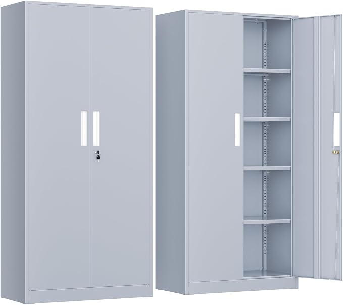 Metal Storage Cabinet, 72” H Storage Cabinet with Doors and Adjustable Shelves for Office, Home, Garage, Pantry (Assembly Required, Cement Grey)