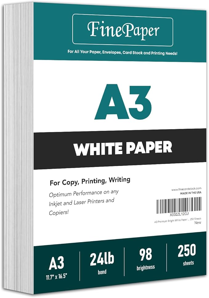 A3 Premium Bright White Paper – Great for Copy, Printing, Writing | 297 x 420 mm (11.7" x 16.5") | 24lb Bond / 60lb Text (90gsm) | 250 Sheets per Pack