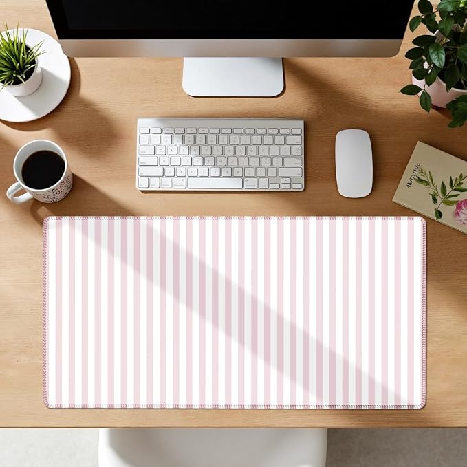 Light Pink Striped Desk Mat Cute Pastel XXL Large Gaming Mouse Pad Desk Pad Kawaii Cozy Aesthetic Keyboard Laptop Computer Mat Home Office Decor for Women