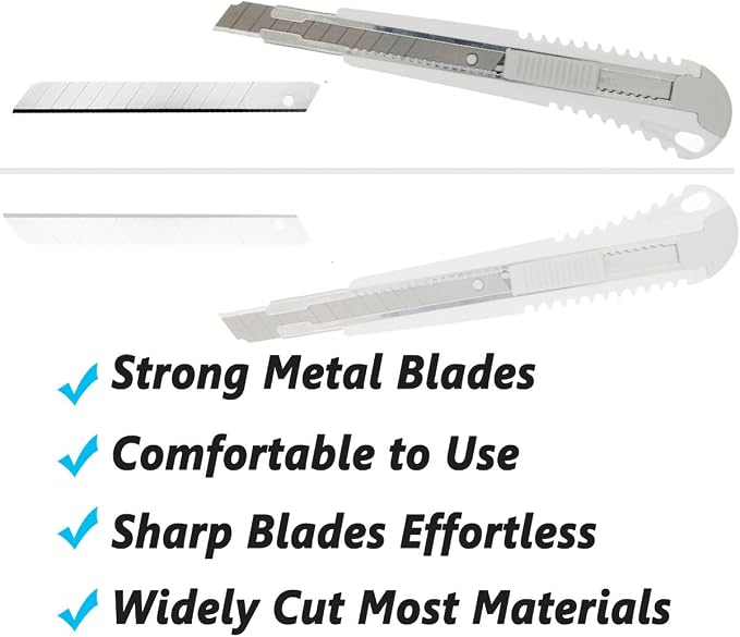 9mm Snap Off Utility Knife 3 Pack High Hardness Retractable Box Cutters with 30 Pcs Snap Off Blades,Package Cutter 9mm Knife for Home Office Workstation,White