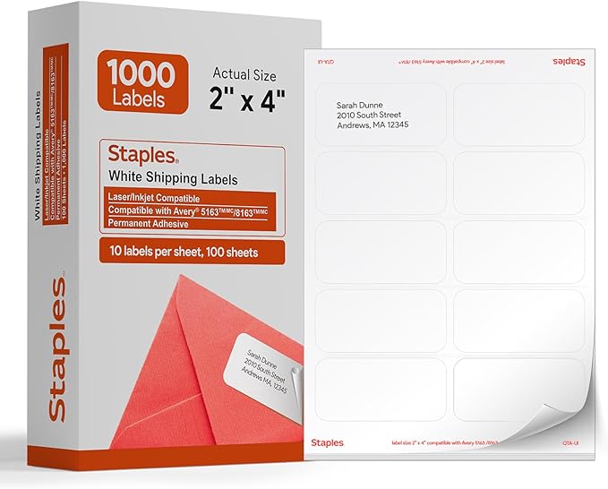 STAPLES 2" x 4" Shipping Labels, White – Printable Laser & Inkjet Label Sheets, Easy-Peel Adhesive, 100 Total (10 Labels per Sheet)