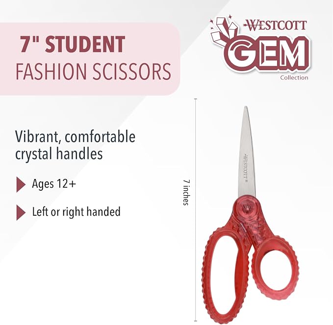 Westcott GEM Crystal-Design Scissors for Kids Ages 12+ - Back to School Essentials and Classroom Supplies - 7-Inch Pointed Student Scissors - for Right- or Left-Handed Use - Pink - 1 Pack