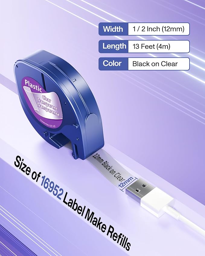5-Pack Compatible with DYMO Transparent LetraTag Label Maker Refills 16952 Clear Plastic Tape for Letra Tag LT-100H LT-100T QX50, 1/2'' x 13', Label KINGDOM Transparent Plastic Tape