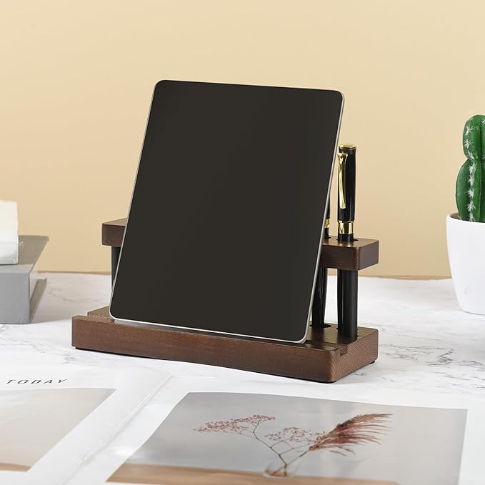 2 Pack Wooden Pen Holder for Desk, Wood Pencil Holder Fountain Pens Display Stand with 9 Slots and Phone Holder, Stylish Office Desk Decor, Pen Organizer for Office, Home