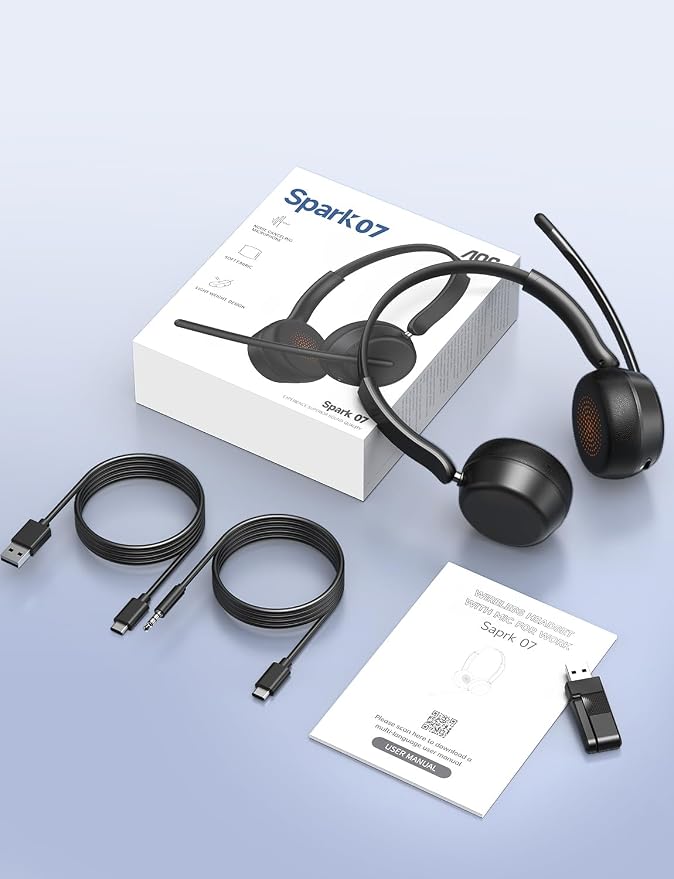 AOC Wireless Headset with Mic for Work, Bluetooth 5.4 Headphones-Dark Black | AI Noise-Canceling Mic for Clear Calls, Computer Headset with Mic Mute & USB A/C Dongle for PC, Computer, Laptop