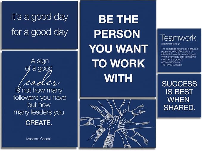 YEOION Navy Blue Motivational Teamwork Office Wall Decor,Inspirational Team Work Wall Art Canvas Frame Artwork for Office Workplace Breakroom Wall Decor Set of 6