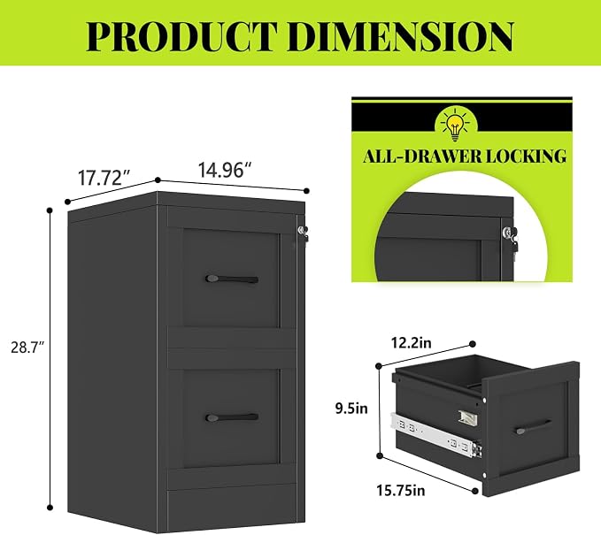 2-Drawer Metal File Cabinet with Lock, Narrow Vertical, Black | Metal vertical filing cabinet with adjustable rails for Letter, Legal and A4 folders; one lock secures both drawers