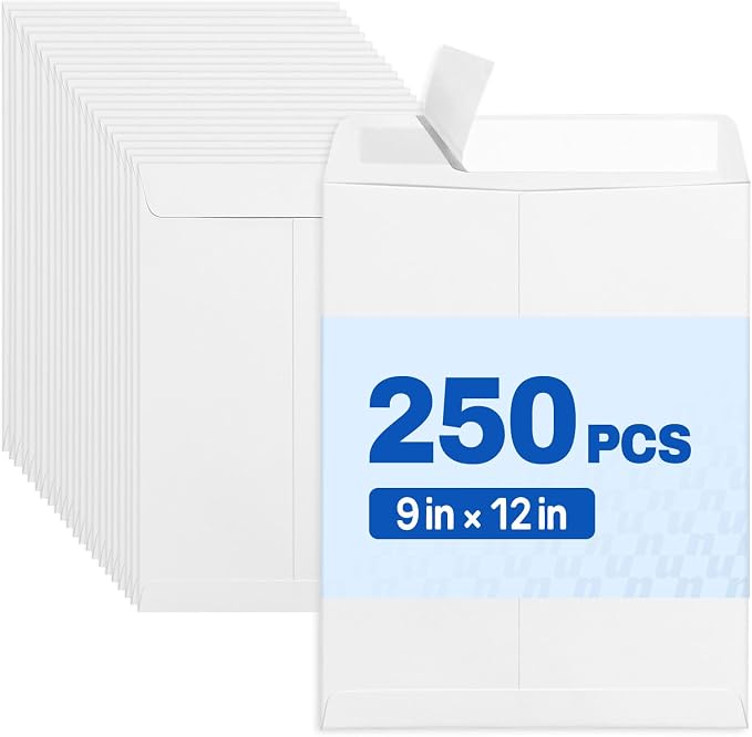 SUNEE 9 x 12 Catalog Envelopes Self Seal, Security Mailing Envelopes, 28lb White Paper, Ultra Strong Quick-Seal for Documents, Office & Business Use, 250 Pack