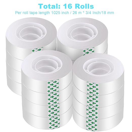 Clear Tape 16 Rolls - Transparent Gift Wrapping Tape Refills, Premium Adhesive for Gifts, Office Tapes Bulk, Desk & Home Supplies - Gift Wrap Tape Rolls