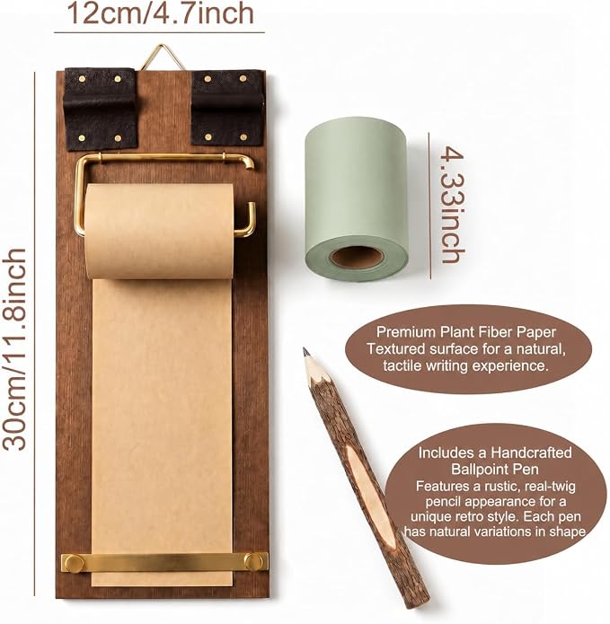 Vintage Wood Clipboard Wall Memo Board, Roller Paper Dispenser & Pen | Includes 2 paper rolls & wooden ballpoint pen, built-in metal cutter. Fits kitchen, café & home office for daily reminders.