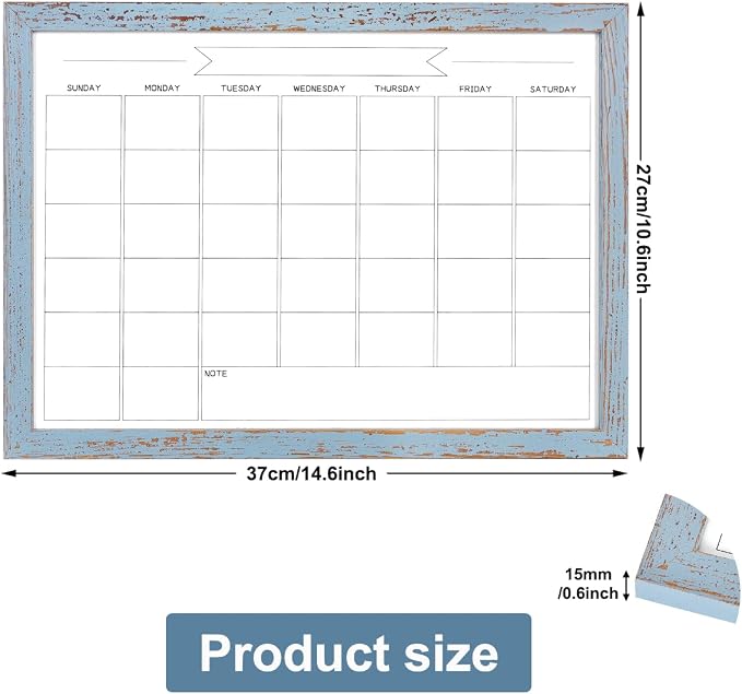 Dry Erase Monthly Calendar Whiteboard,10.6"x 14.6" Small Magnetic White Board for Wall, Hanging Board for Office/School/Home, Solid Pine Wood Frame (Blue)