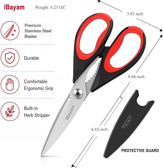 iBayam 3-Pack 8.7" Kitchen Scissors All Purpose Heavy Duty Shears w/Sheath | Soft Comfort Grip, Dishwasher Safe, Stainless Micro-Serrated Edge Blades, Cooking Poultry Herbs Meat Seafood Tools